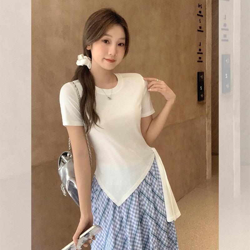 Korean design sense irregular hem strap-up front shoulder crew neck short-sleeved t-shirt women's summer new small top