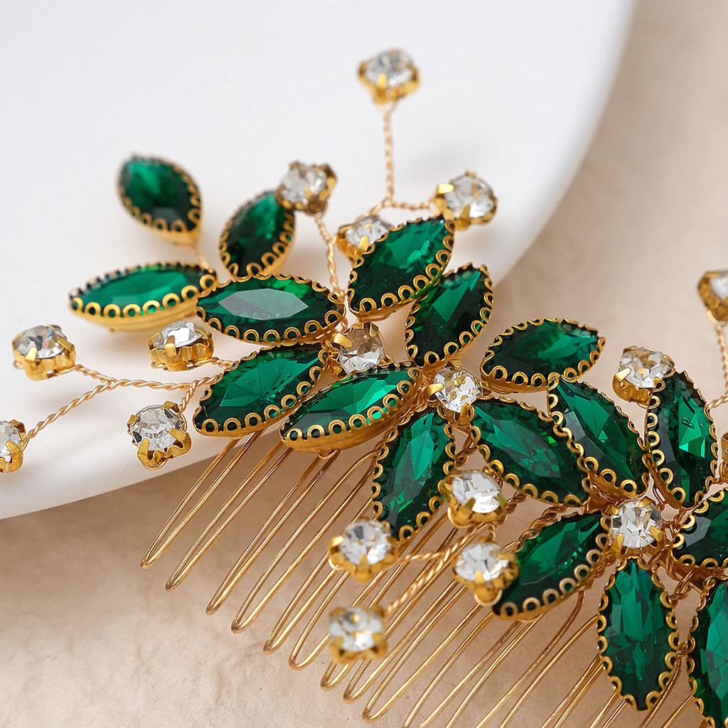 Hair Jewelry Wedding Bridal Hair Comb Handmade Headdress Green Crystal Alloy Hedwear for Festival Wedding Party Head Decor