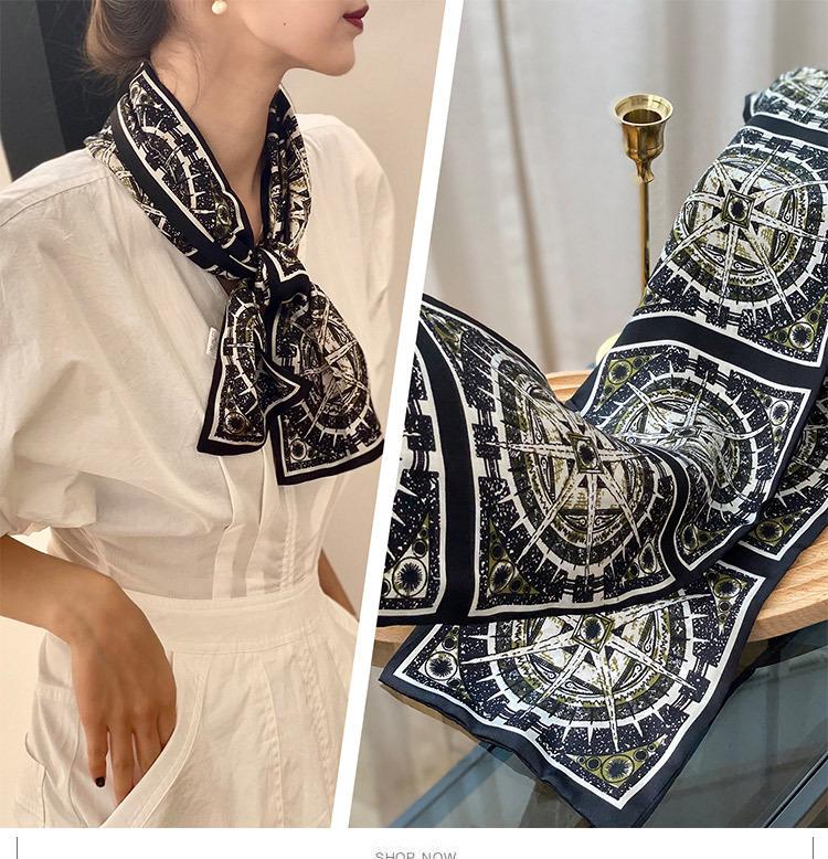 

Compass Long Silk Scarf Silk Plain Crepe Satin Double-Layer Scarf Thin And Narrow Versatile Streamer Headband Women 150 чёрный