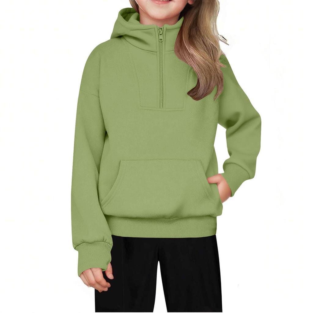 Children's Relaxed Fit Half-Zip Sweatshirt Fleece-Lined Girls' Solid Color Hooded Sweatshirt