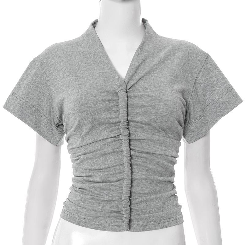 

Q25TP186 Женская футболка с V-образным вырезом, симметричными сборками и короткими рукавами - однотонная, летний стиль S