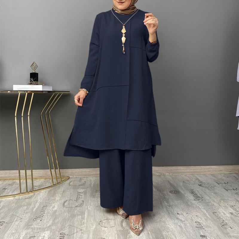 ZANZEA Women Muslim Long Blouse and Pants Casual Two Piece Suit Sets
