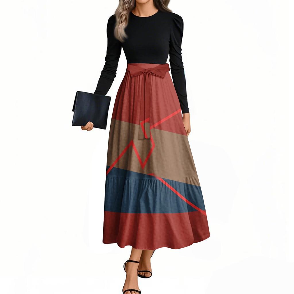 Women's Fashion Casual Belted Long Sleeve Round Neck Floral Printed Elegant Temperament Dresses