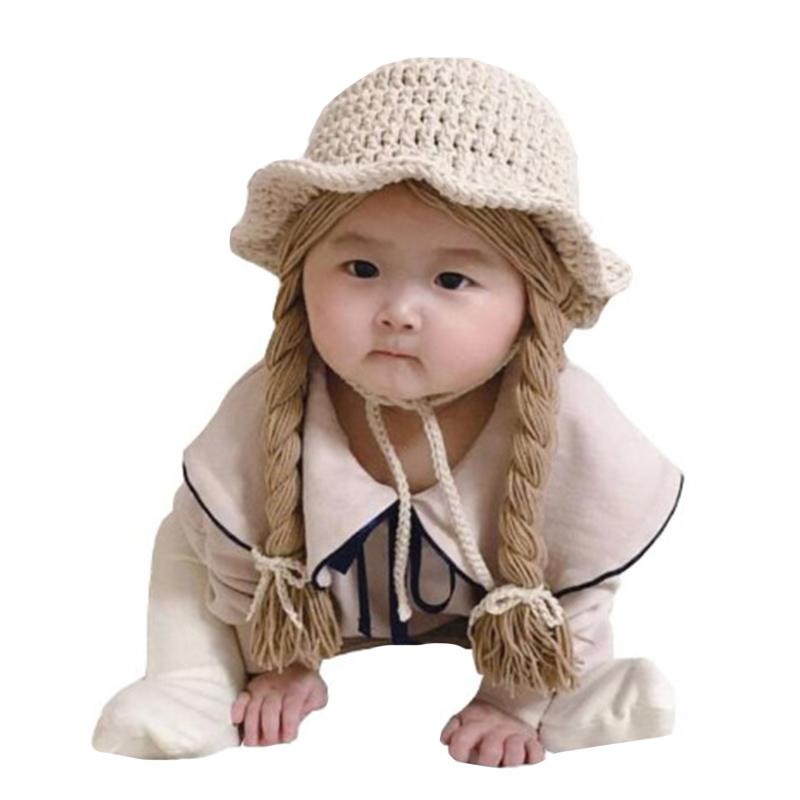 Winter Soft Warm Baby Children Knitted Cute Wig Big Braid Kids Girls Boys Princess Hat Birthday Christmas Party