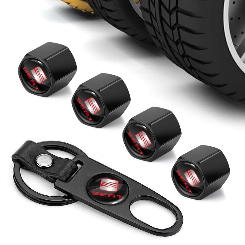 1Set Car Tire Valve Caps with Car Badge Keyring Keychain Set For SEAT Cupra Leon 5f Ibiza 6l 6j Leon 1p Cushion Altea Xl Leon