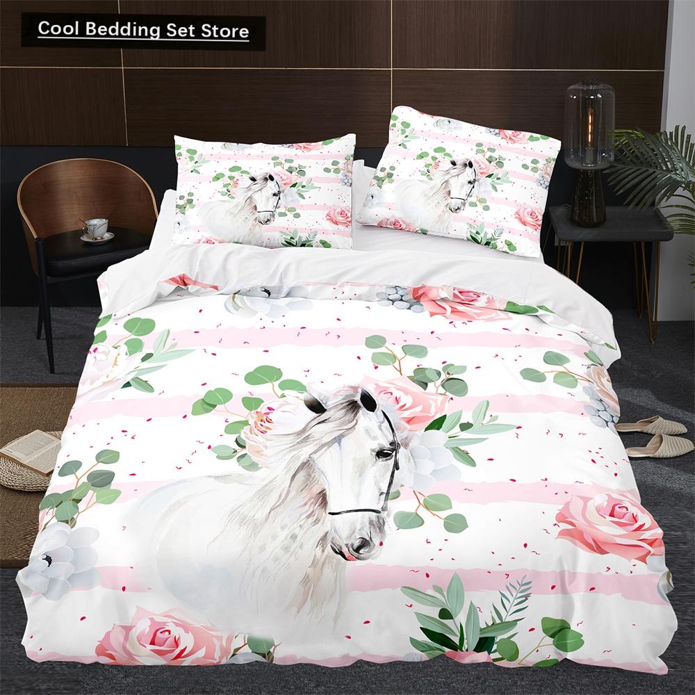 Comforter 3D Horse King Queen Size White Running Horses Pattern Bedding Set For Kids Teens Adults Wild Animal Soft