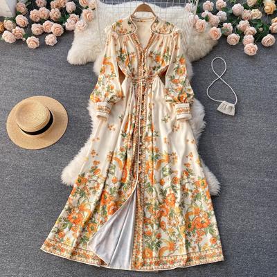 Damen Court Style Retro-Druck Langarm Taille Dünnes V-Ausschnitt Kleid Einreihiges großes Swing Langes Kleid