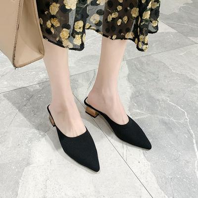 Fashion Spring/Summer Slippers Woven Mesh Mules Point-toe Slides Silid Mules Stretch Fabric 4CM Heel Chaussure Femme Outside Pantuflas