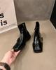 Black Leather Ankle Boots For Women Elegant With Low Heels Woman Short Shoes Spring Autumn Square Toe Booties  Footwear