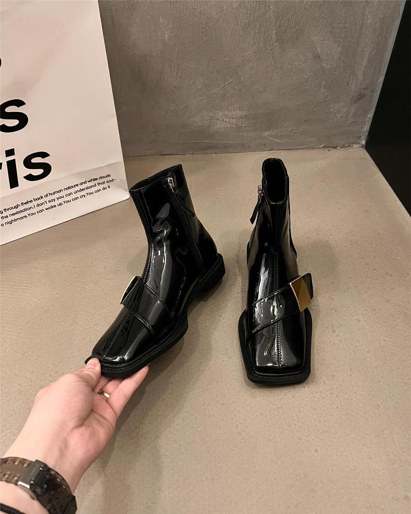 Black Leather Ankle Boots For Women Elegant With Low Heels Woman Short Shoes Spring Autumn Square Toe Booties Footwear