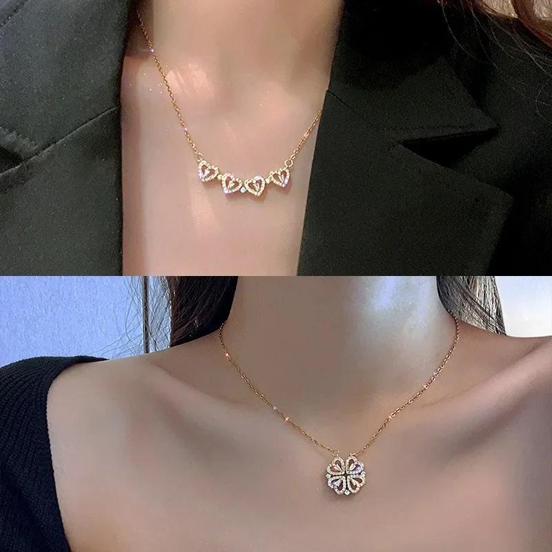 Retro Magnetic Folding Heart Shaped Four Leaf Clover Pendant Necklace For Women Love Clavicle Chain Gift Openable Choker Jewelry