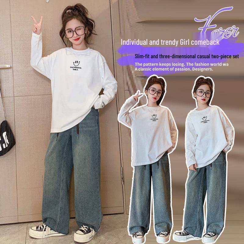 Girls' 2025 Autumn Smiley Face Casual Loose Shirt for Medium & Large Children