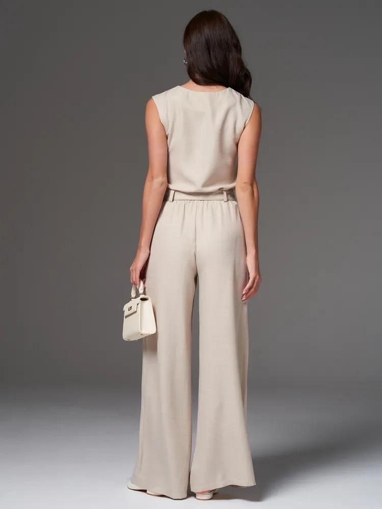 2026 Russian Women's Spring/Summer Sleeveless Solid Color Wide-Leg Pants 2-Piece Set
