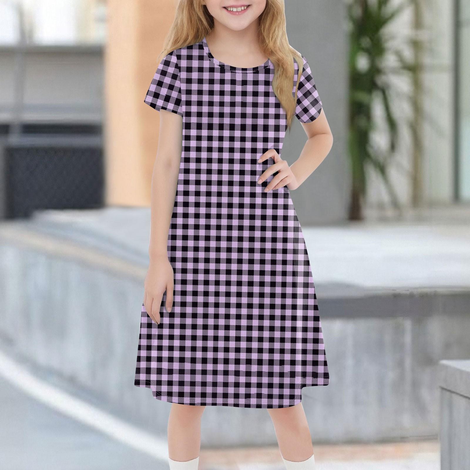 

Детское летнее повседневное модное платье с короткими рукавами и круглым вырезом 110 фиолетовый
