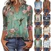 Dammode Casual Retro Blommig V-ringning Dekorativ Knapp Trekvartsärm T-shirt Topp