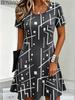 Sommer Damenkleider Lässig Rundhals Kurzärmelig Geometrische Linien Abstraktes Muster Gedruckt Locker Kleid