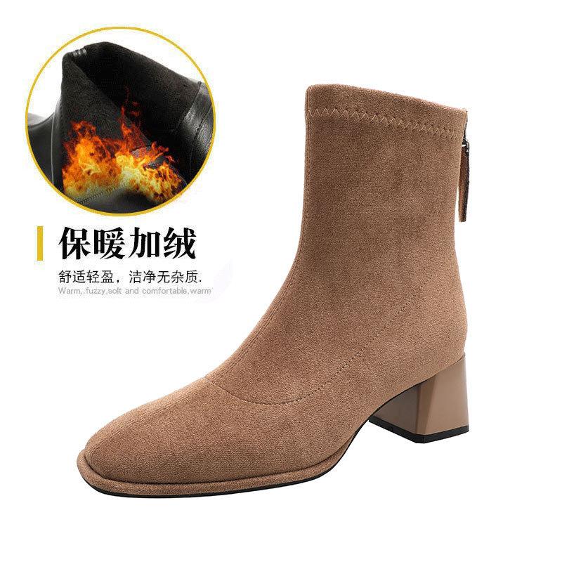 

Женские короткие ботинки осень и зима новые ботильоны на высоком каблуке средняя голень хаки замшевые одинарные ботинки толстый каблук модные эластичные тонкие ботинки 40