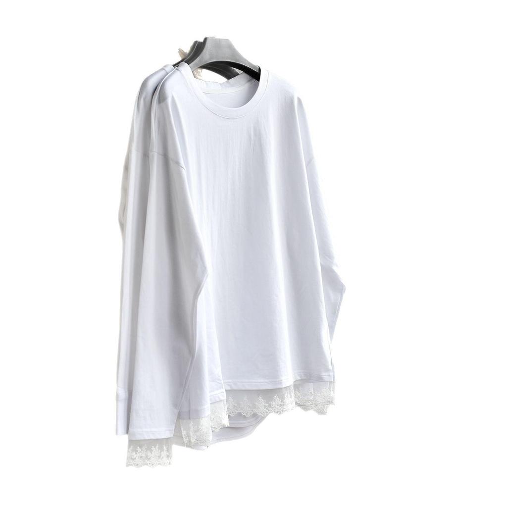 Lace Spliced Plus Size Pure Cotton Long Sleeve T-Shirt - Mid-Length Early Autumn Women's Top