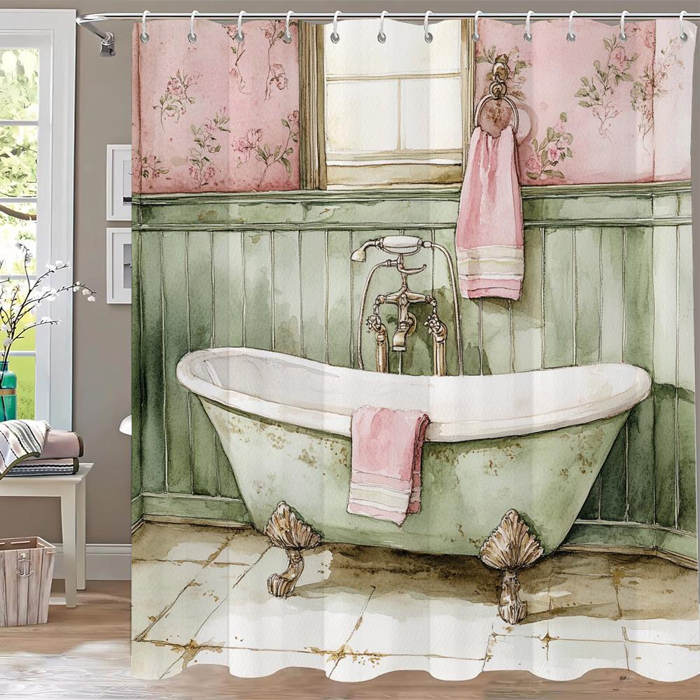 

1Pc Waterproof Polyester Shower Curtain With 12 Hooks, Watercolor Bathtub Printed Bath Curtain Fabric Curtain For Bathroom W60H190(CM)-1 Pcs