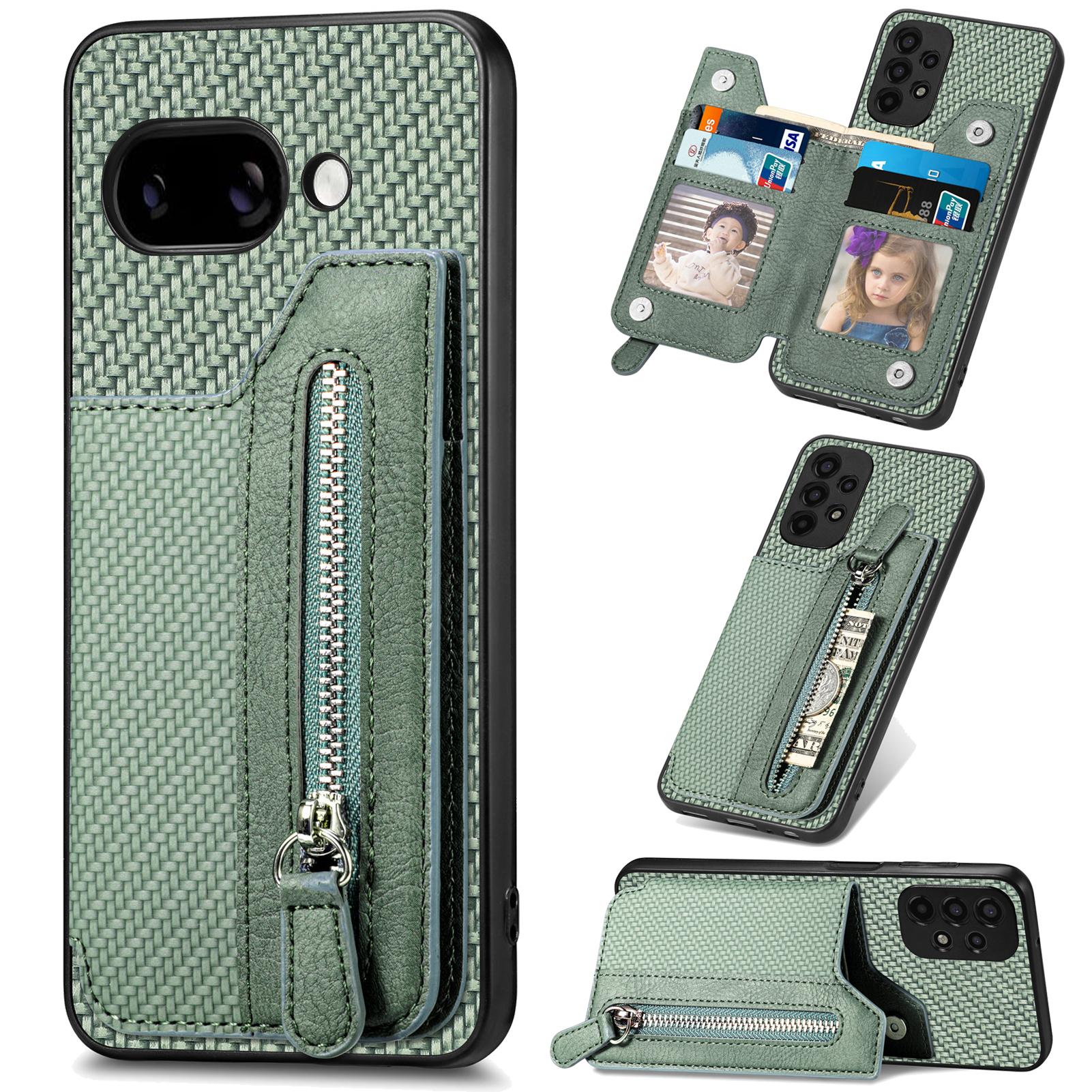 

For Google Pixel 9a Case Leather+PC+TPU Zipper Wallet Phone Cover Green
