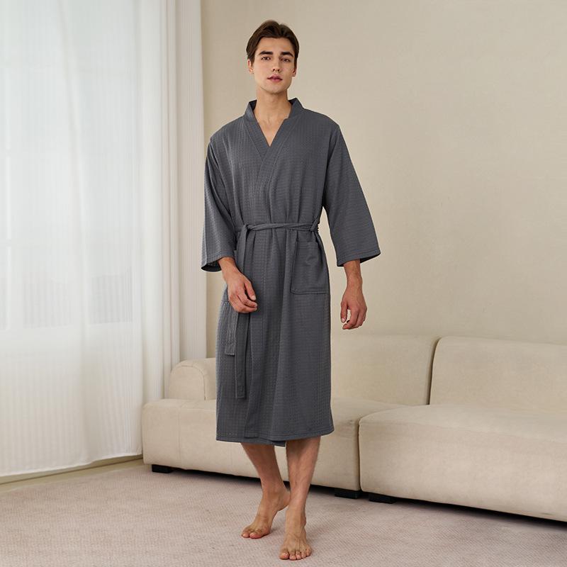 Women's Plus Size Quick-Dry Black Waffle Bathrobe with Three-Quarter Sleeves - Summer Thin