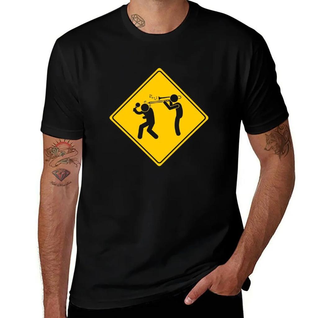 Funny Warning Sign Trombone T-Shirt korean fashion essential t shirt anime t shirts anime clothes black t-shirts for men