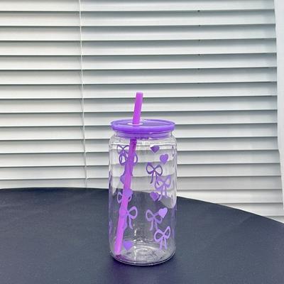 16oz Cute Heart-shaped Bow Water Bottle Plastic with Lid and Straw Mason Bottle Beverage Serving Large Capacity Juice Cups