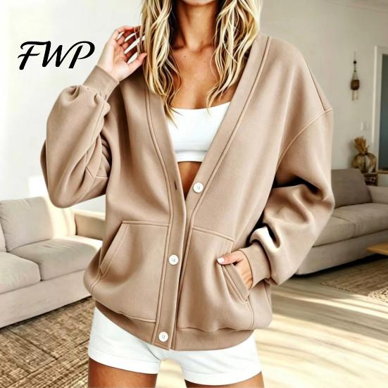 Relaxed Fit Cardigan Women Button Front V-Neck Cardigan, Solid Color Oversized Sweatshirt with Casual Jacket Dual Pockets, Long Sleeve for Fall Winter