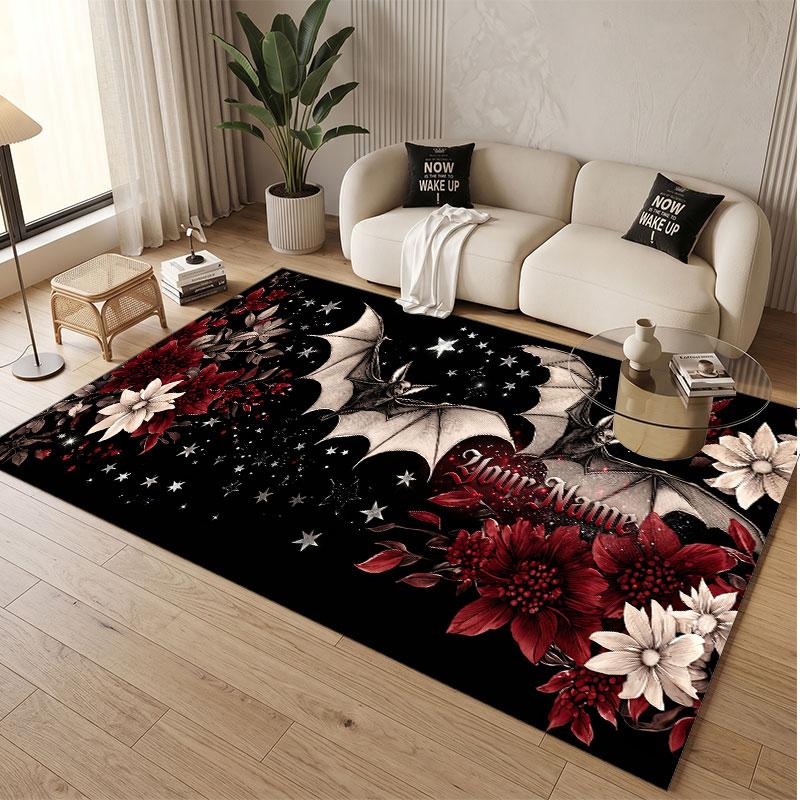 Rose Floral Theme Soft Crystal Velvet Rug Custom Name & Text Print Non Slip Floor Rug for Bedroom Living Room