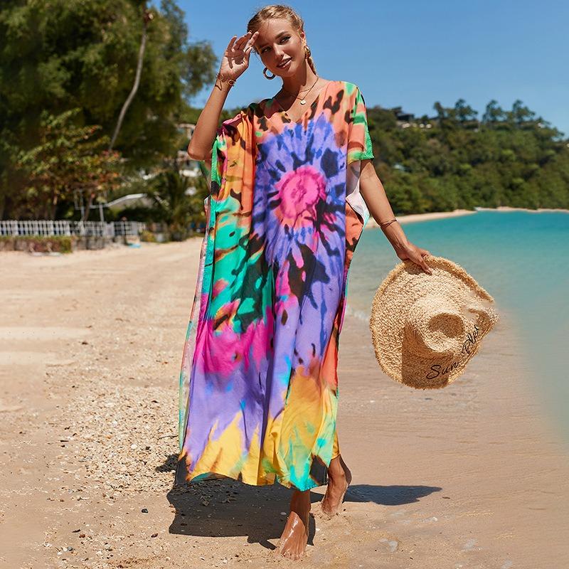 New Printed Robe Beach Resort Loose Plus Size Beach Dress Bikini Swimsuit Smock for Women