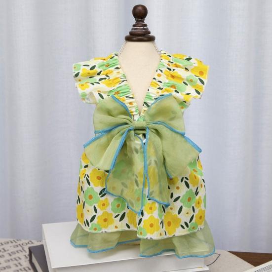 Spring Summer Pet Dress Ruffle Flying Sleeves Tulle Bow Floral Print Small