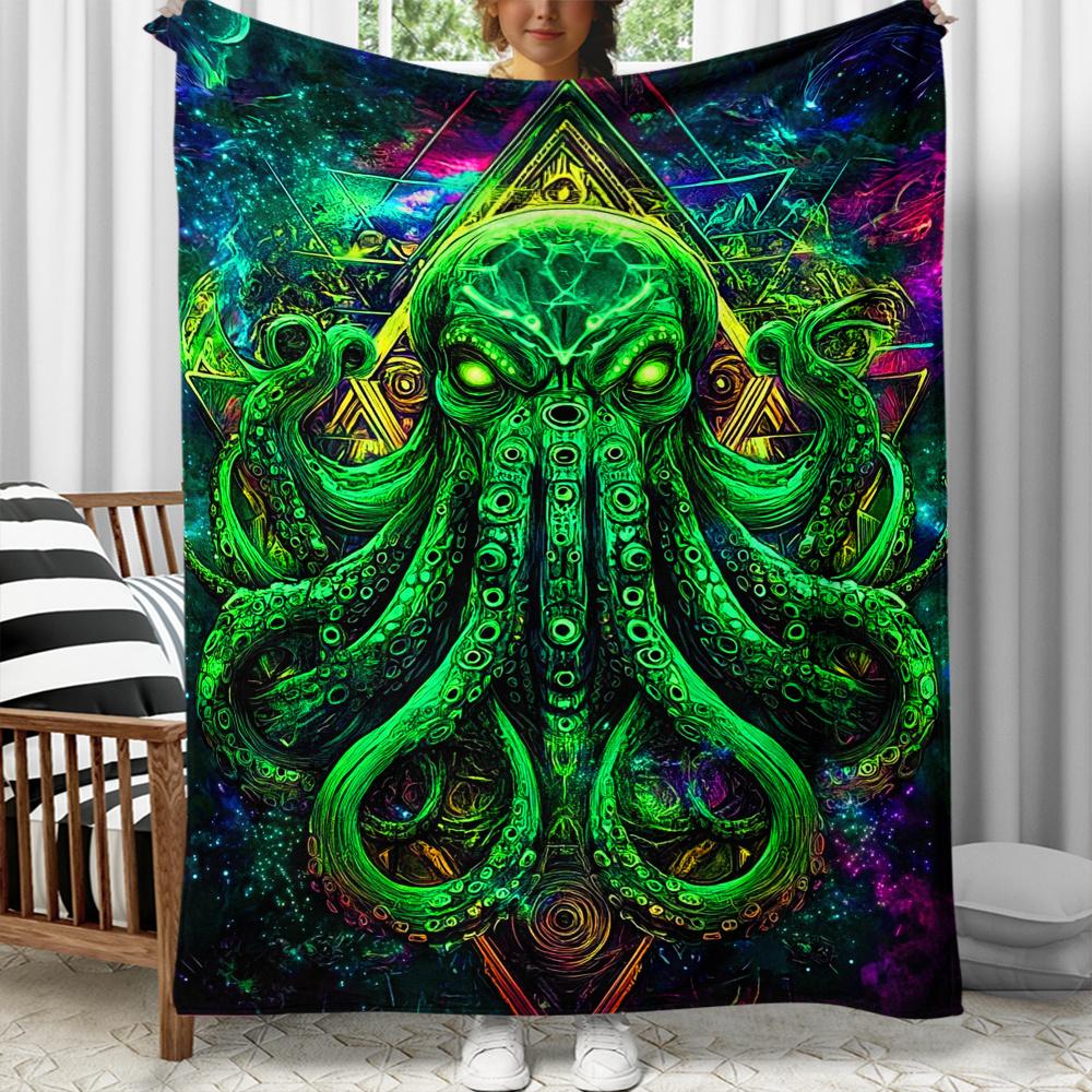 Alien Octopus Trippy Art Fleece Blanket Psychedelic Cosmic Design Throw Blanket UFO Alien Theme Soft Plush Bedding Gift for Fans