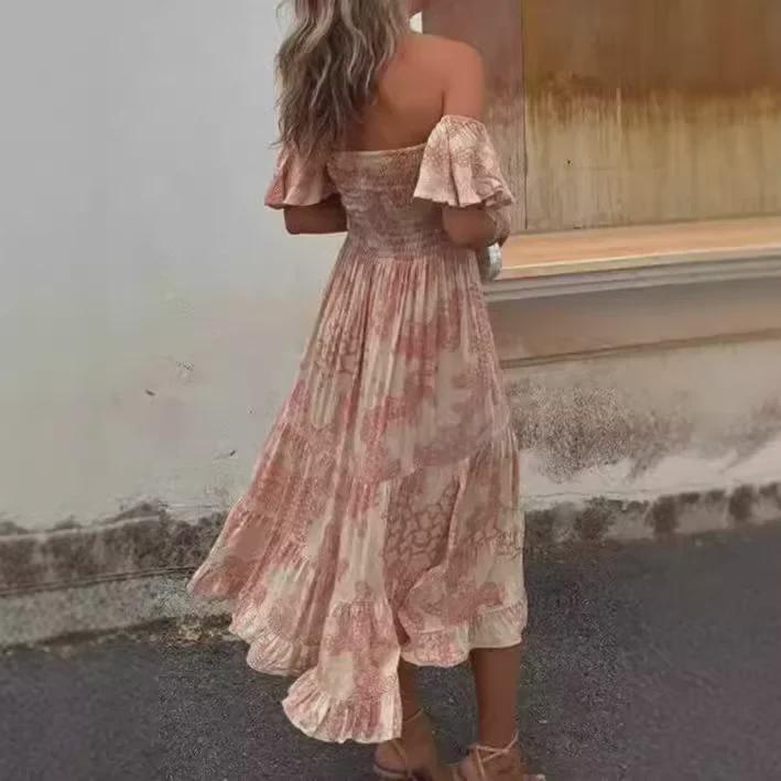 Printed Off-Shoulder Tube Top Dress with Lotus Leaf Sleeves