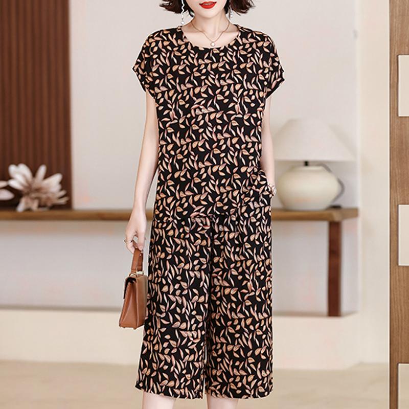 Plus Size Women Two Peice Sets Summer Loose Elegant High Waist Pant Sets Female Casual Vintage Print Oversize Suit