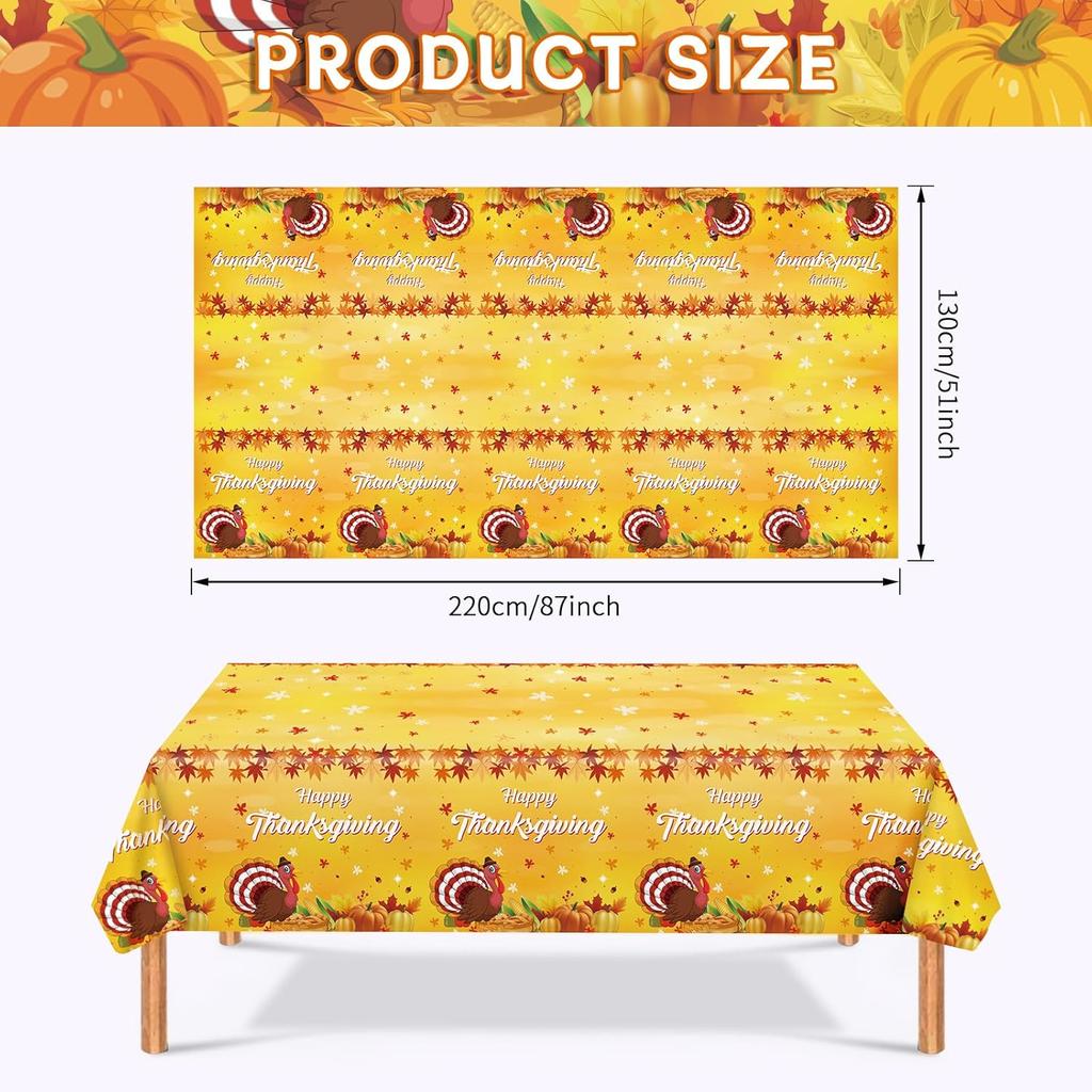 2 Pcs Happy Thanksgiving Tablecloth Disposable - Fall Turkey Tablecloths, Rectangle Pumpkin Maple Leaf Plastic Table Cover for Thanksgiving Table