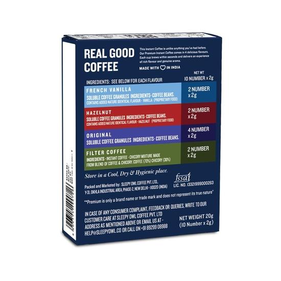 Sleepy Owl Pack of 10 Premium Instant Coffee Sachets | 2g Each - Flavoured Coffee Pouch|  | Makes 10 Cups