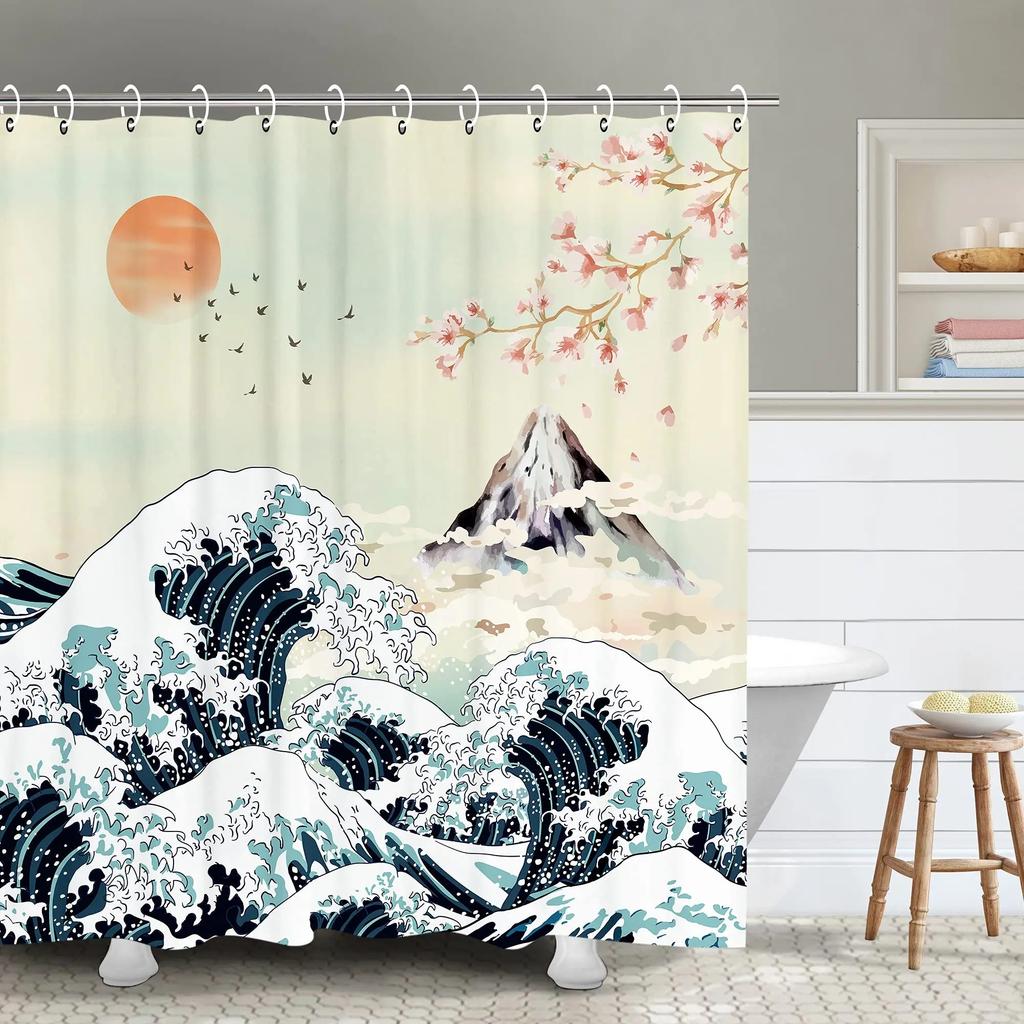 Japanese Style Shower Curtain Koi Fish Cherry Blossom Sun Sea Wave Octopus Landscape Polyester Fabric Curtains Bathroom Decor