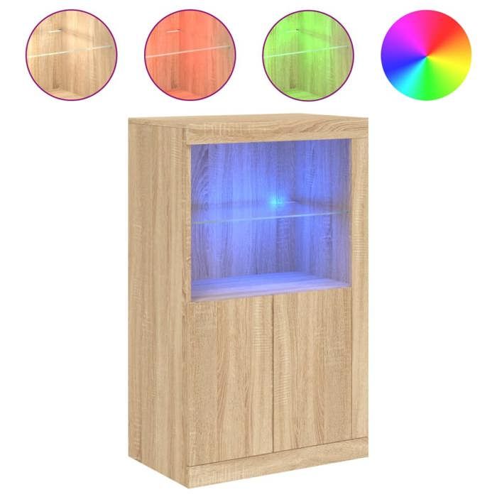 VidaXL Armoire Latérale avec Lumières LED, Meuble de Rangement avec Étagère en Verre, Buffet de Salon Intérieur, Moderne, 836625