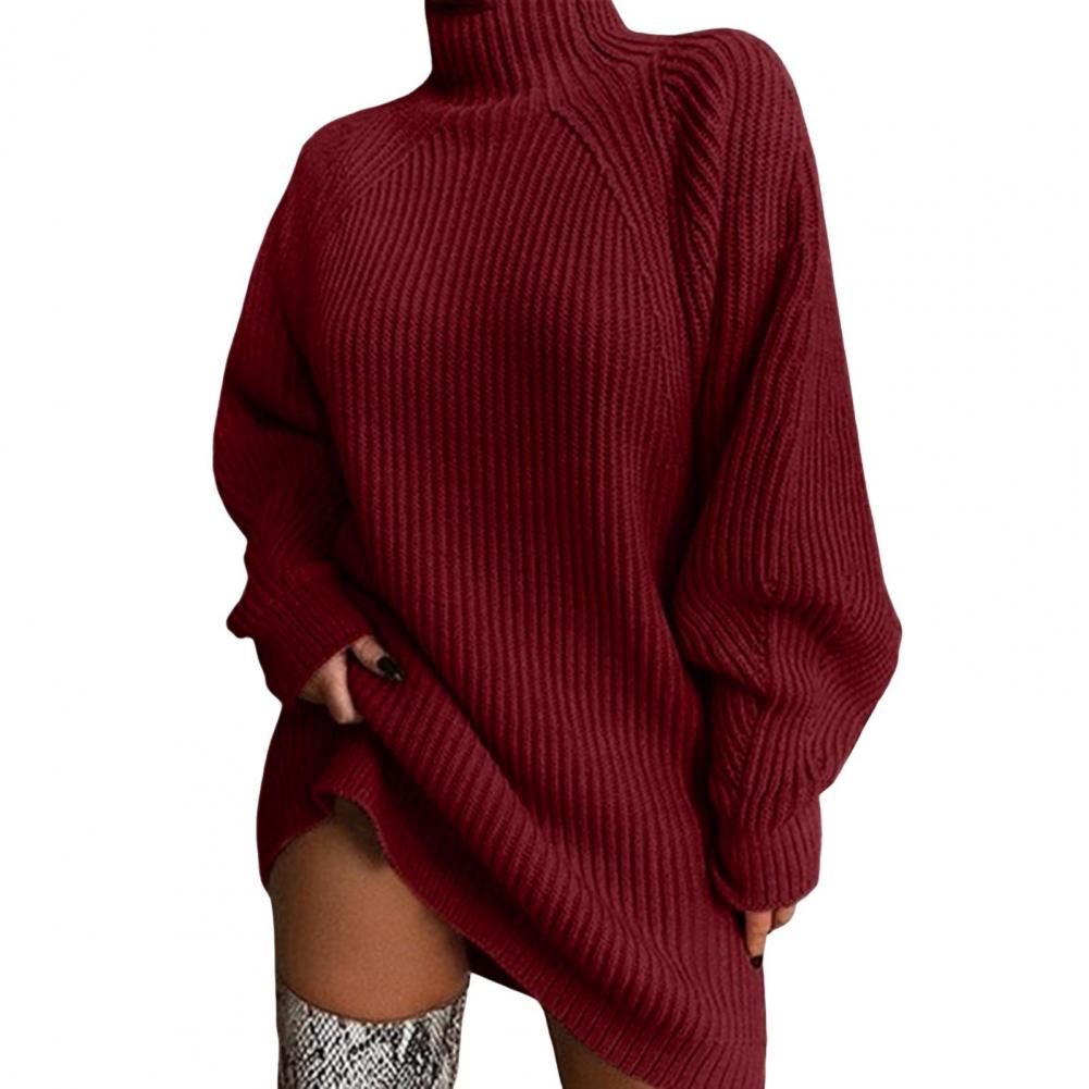 Solid Color Sweater Dress Half High Collar Raglan Long Sleeve Loose Fit Knitting Dress Autumn Winter Mini Dress Knitwear