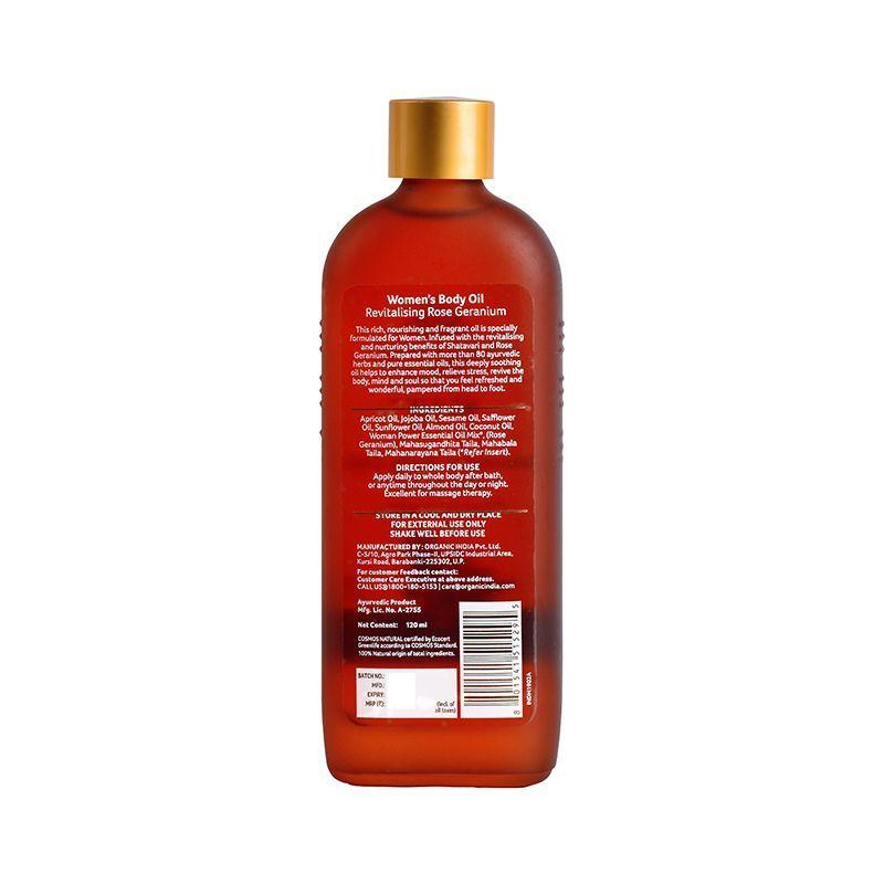Huile revitalisante au géranium rosat pour femme (120ml), Huile corporelle pour femmes revitalisante au géranium rosat, Inde biologique