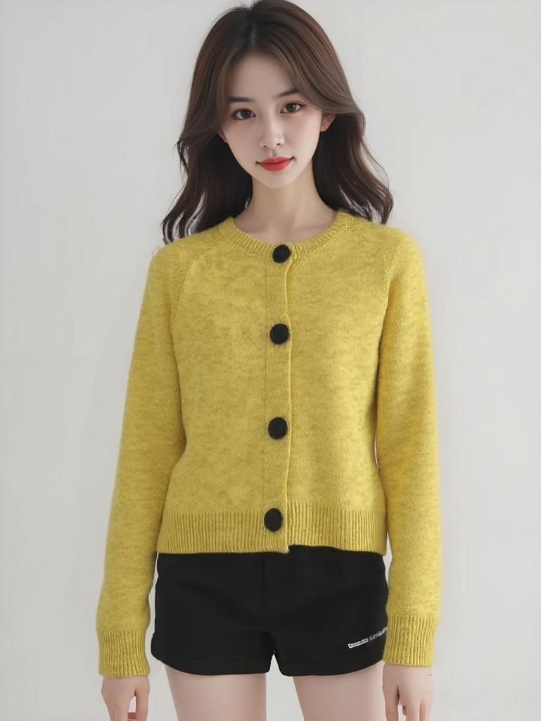 Crew Neck Short Knitted Cardigan Women's Autumn New Women's Clothing Top Design Button Sweater Jacket