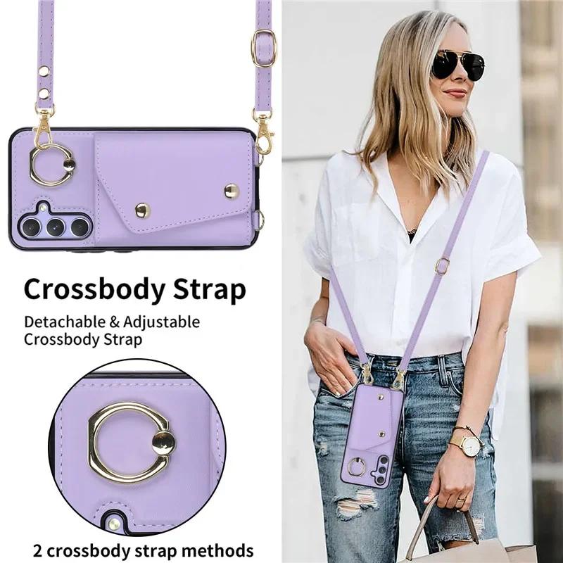 Crossbody Ring Leather Zip Wallet Phone Case for Samsung Galaxy S26 Ultra S25 FE S24 Plus S23 S22 S21 Note 20 Lanyard Cover Bag