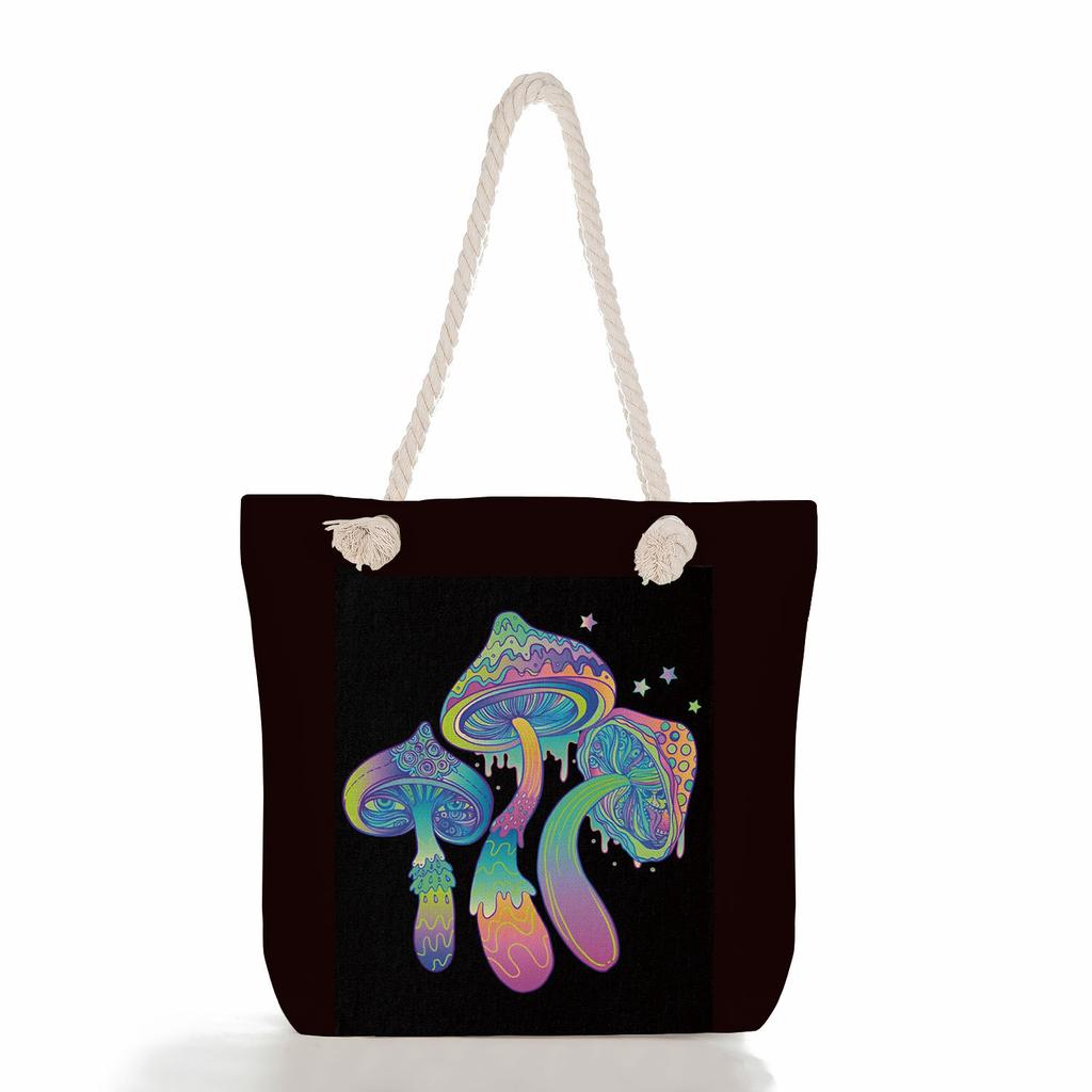 Multifunctional Mushroom Butterfly Printed Thick Rope Shoulder Beach Bag Casual large capacity handbag 7616