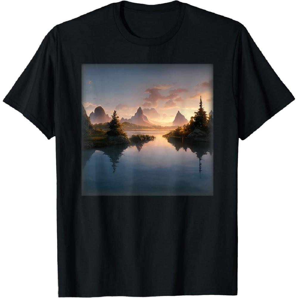 

Landscape Realistic-Volumetric lighting water sunrise trees T-Shirt XXXXXL чорний