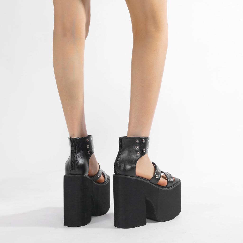 Gdgydh Black Punk Gothic Platform Sandals Open Toe Buckle Strappy Sexy Rivets Thick Heels Footwear Summer Shoes for Women