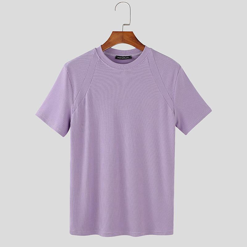 INCERUN Summer Men O Neck Short Sleeve Rib Casual Fitted T-shirts Tee Tops