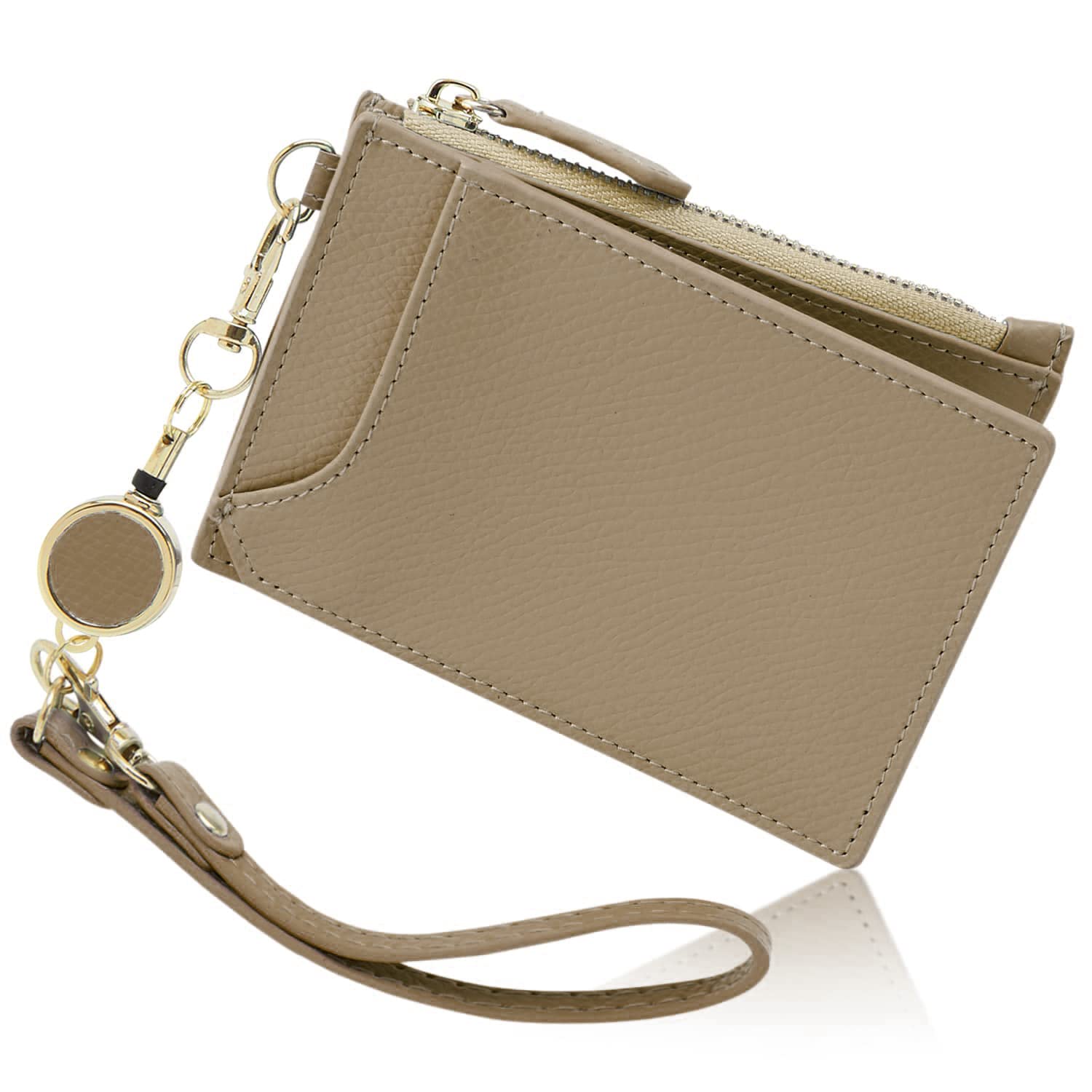 [GRAV] Women s Cute Pass Case with Reel, Card Case, and Coin Case, Greige (Includes Keychain and Strap)