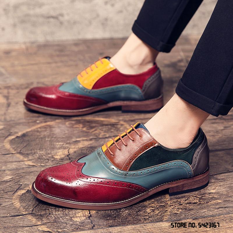 British Designer Colorful Mix Pointed Brogue Leather Shoes Flat For Men 2025 Dress Formal Wedding Prom Oxford Zapatos Hombre