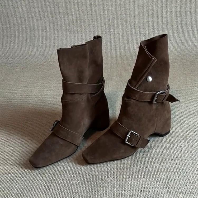 Cowhide Version~ Retro Niche Temperament Square Head Inner Height Increase Belt Buckle Western Cowboy Boots Women Fold Two Wear Short Boots