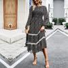 Women Autumn Winter O Neck Lantern Sleeve Lace High Waist Pleated Printed Dress